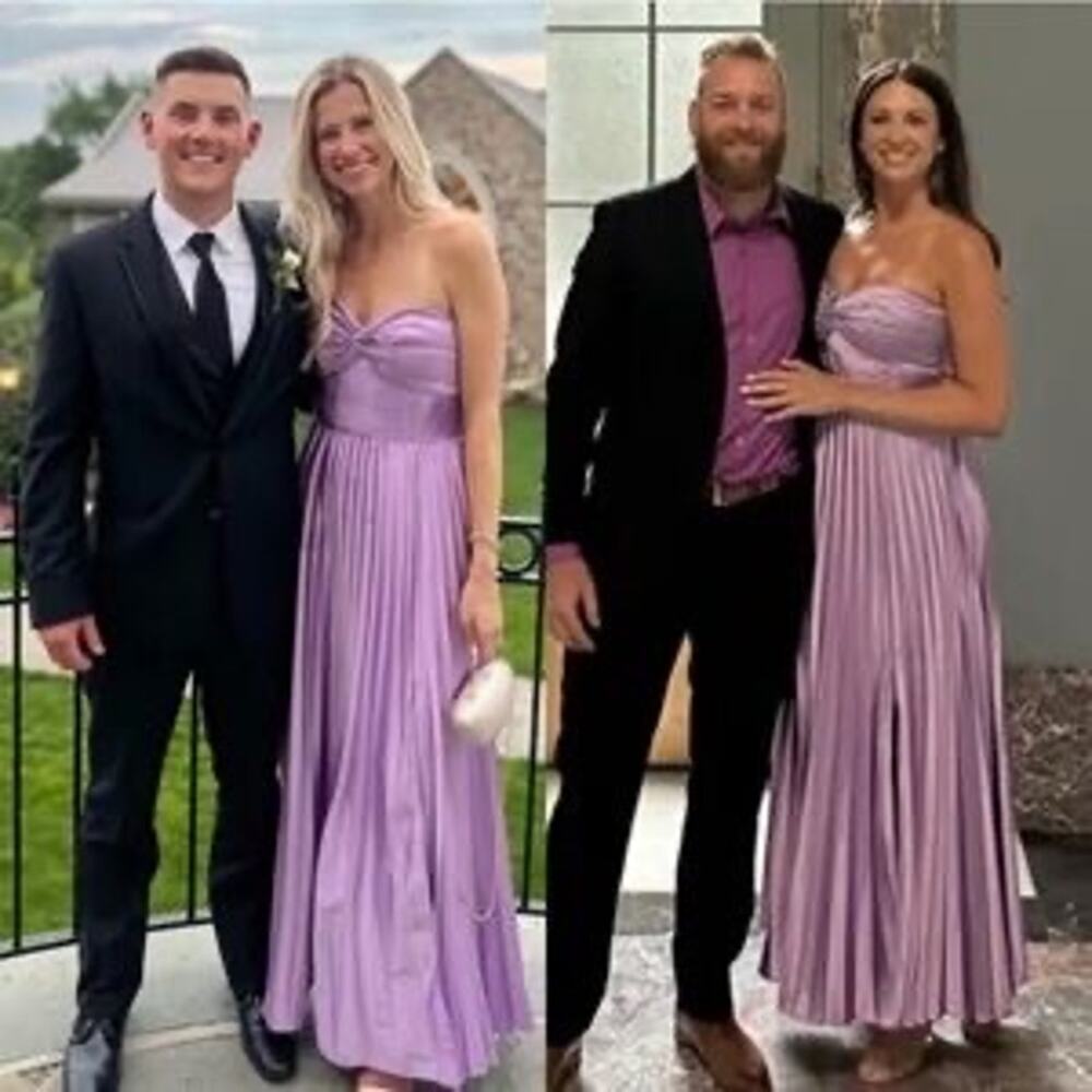 AMUR Purple Satin Sweetheart Neckline A-Line Stef Pleated Gown Dress Size 14 - Picture 15 of 16